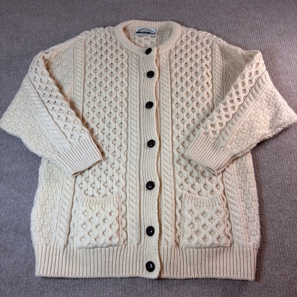 Aran Crafts Ireland 100% Wool Cable Knit Cardigan Sweater Cream XXL Womens